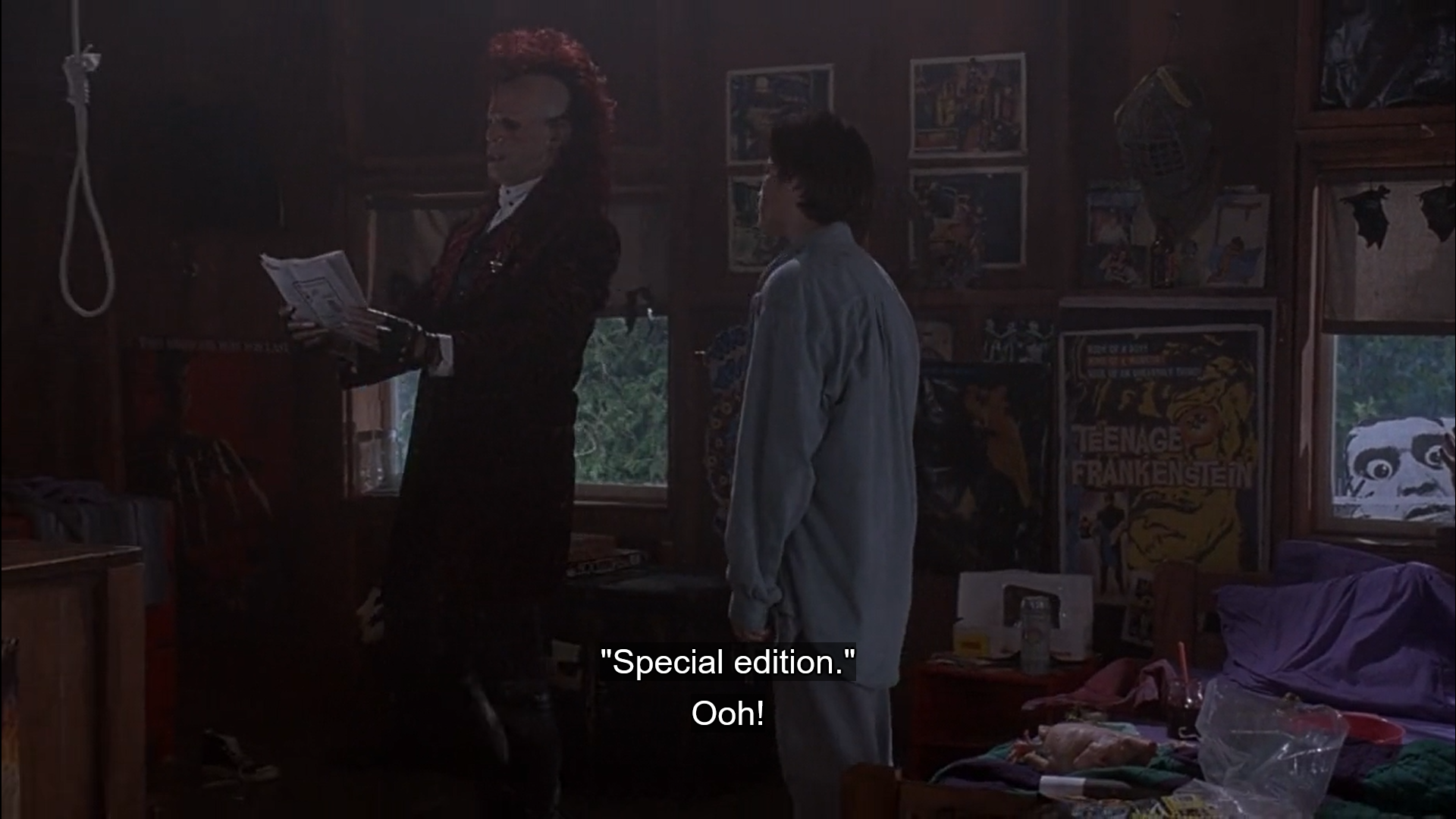 michael and the trickster in michael's room, with his questionable noose decor