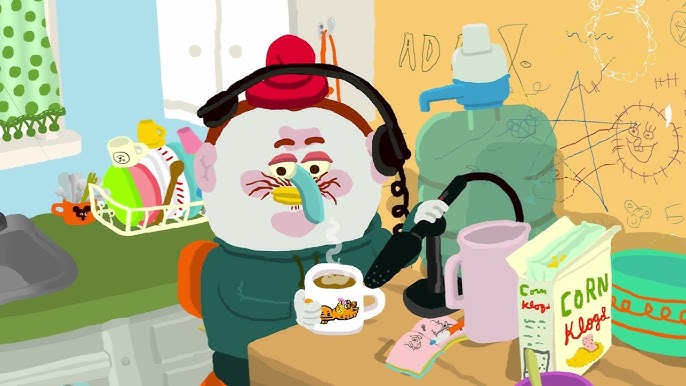 a cartoon man sitting at a kitchen table with a microphone