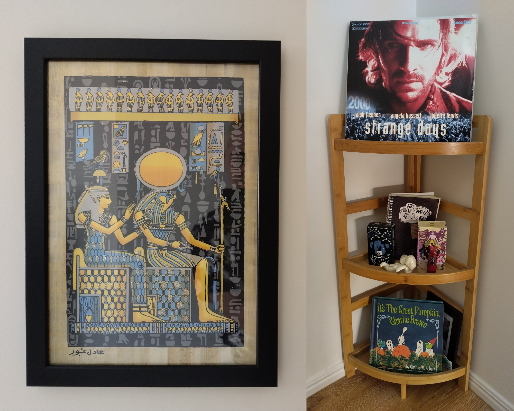 photos of an egyptian papyrus print on a wall, and a stand with a laserdisc and other items in the stairwell