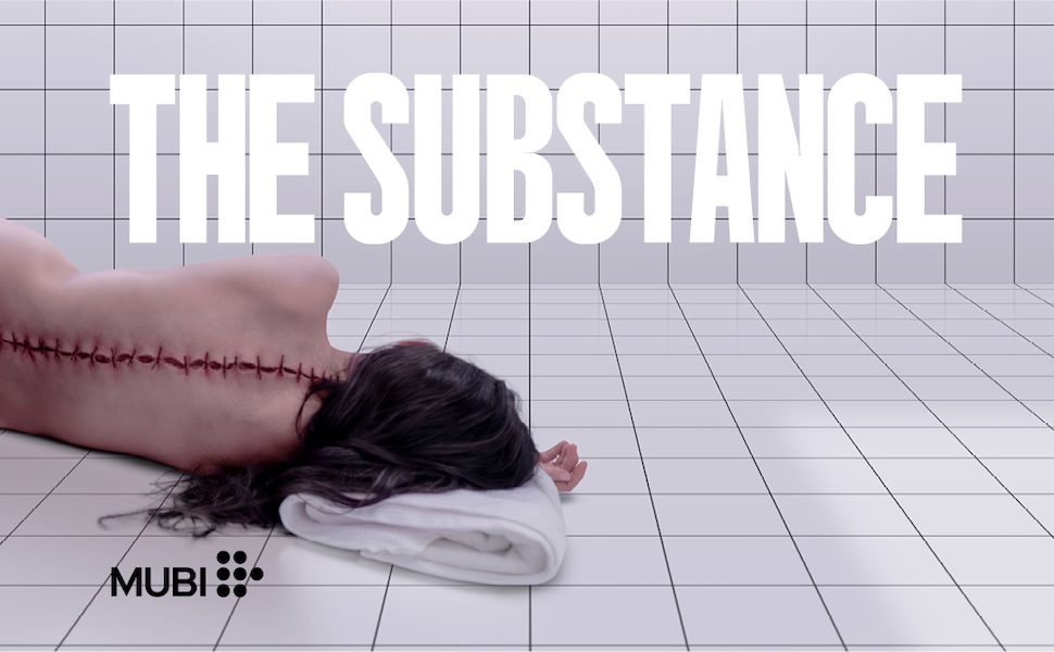 horizontal poster for the substance, someone on a bathroom floor with an incision down their spine stapled up